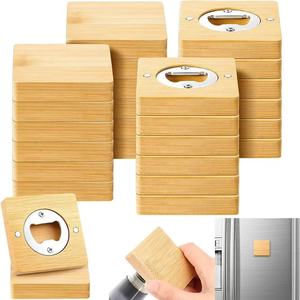 Wooden bottle opener for home use, beer and beverage bottle opener, square bamboo and wood <b>refrigerator</b> magnetic bottle opener, - Product Image 1