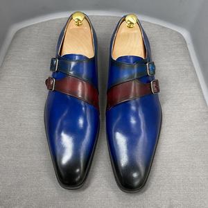 Zapatos de Negocios para Hombre con Cubierta de Cuero Azul, Hebilla Doble Monk, Punta Puntiaguda, Aumentan la Estatura, Modernos y Elegantes - Product Image 2