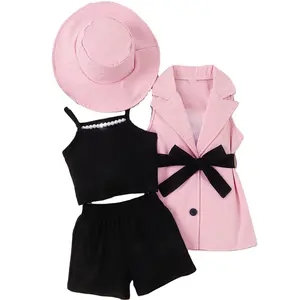 Wholesale 2024 New girls' suit Sleeveless Coat Suit+Child Sling +Shorts + Hat 4 Piece set formal suit girls' clothing set