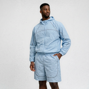 Conjunto Deportivo Ligero con Capucha para Hombre, Chaqueta y Pantalones Cortos, Dos Piezas, Estilo Casual para Exteriores, Color Azul Claro - Product Image 1
