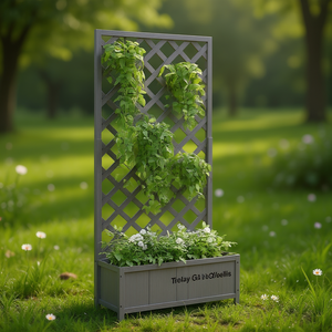 Jardinière rectangulaire en bois de sapin gris massif avec treillis, style clôture élégante - Product Image 2