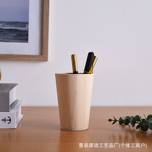 Wooden <b>Pen</b> <b>Holder</b> Round Natural Wood Color Height 11cm Base Diameter 6cm Top Diameter 8cm <b>For</b> Home Office <b>Desk</b> Use - Product Image 2