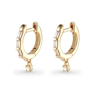 Milskye 925 silver 14k gold baguette zircon mini diamond charm hoop engravable earrings