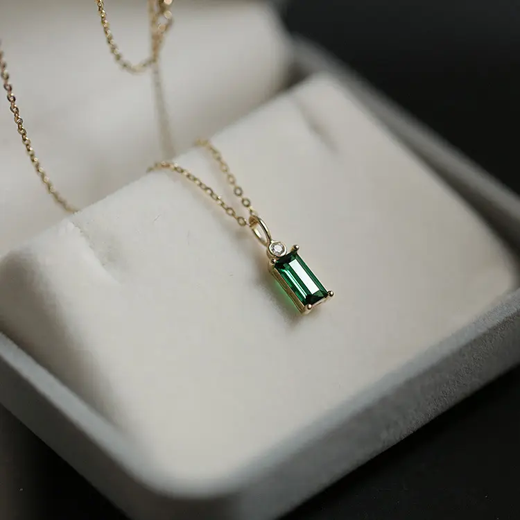925 Sterling Silver 14k Gold Plated Necklace Emerald Green Zircon Square Claw Inlaid Link Chain Pendant Necklace