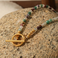 Collier long en laiton plaqué or 18 carats avec perles en pierre naturelle, double tour, chaîne de pull, fermoir OT, fait main, pour hommes et femmes