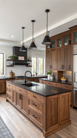 Lemari Dapur Vintage Kustom VERMONHOUZZ dengan Aksen Lampu Gantung Tembaga dan Gagang Kuningan untuk Rumah Bersejarah