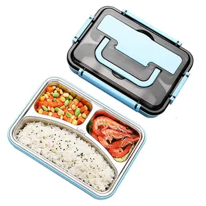 Boîte à bento en acier inoxydable de style japonais Boîte à lunch au micro-ondes avec autocollant de grille pour une préparation de repas pratique