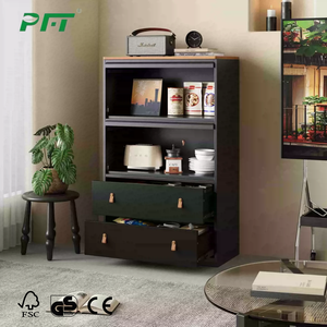 Vitrinas de exhibición de acero con efecto madera, puerta abatible, vidrio templado y cajones para almacenamiento de coleccionables - Product Image 4