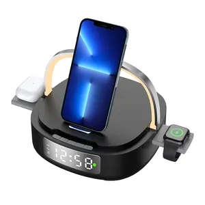 New Style Desk Multi-function 5 In 1 Clock Led Light Wireless Charger For Mobile Phone Watch Earphone Charging Phone Holder