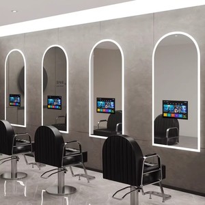 Semplice Postazione da Barbiere in Acciaio Inox, Attrezzatura per Salone, Specchio per Parrucchiere con TV e Luci da Parete - Product Image 3