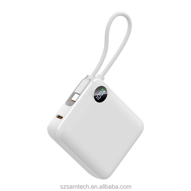 Portable ABS Power Bank with Built-in Type-C Cable Lanyard, Digital Display Li-Polymer Fast Charging External Battery Pack