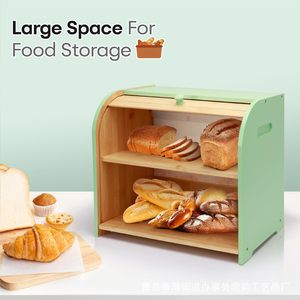 Boîte de rangement pour pain en bois, double couche, couvercle coulissant, organisateur de cuisine, couleur bois naturel vert clair - Product Image 2