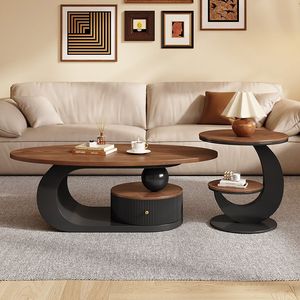 Tavolino da Caffè Ovale in Stile Wabi-Sabi, Moderno, Color Crema, in Legno Massello Color Noce con Struttura in Ferro, <span class=keywords><strong>Arredamento</strong></span> di Lusso <span class=keywords><strong>per</strong></span> Soggiorno di Piccoli Appartamenti - Product Image 1