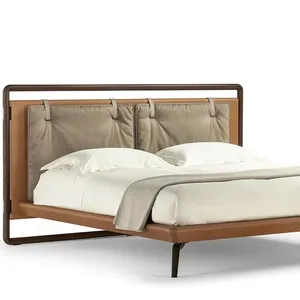 Роскошная итальянская минималистская двуспальная кровать, кожаная накидка из ясеня, большая кровать для главной спальни