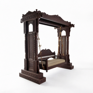 Fauteuil suspendu de patio en bois sculpté, design traditionnel, pour 3 personnes, avec support métallique, idéal pour parc, cour et jardin - Product Image 1
