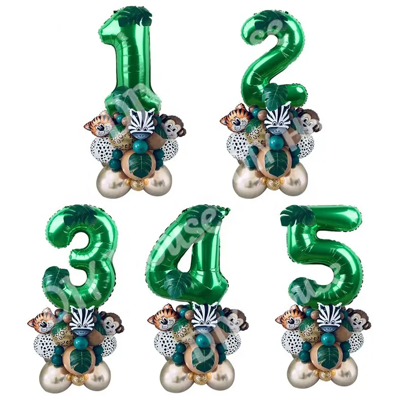 35pcs Jungle Safari Party Balloons Set Green Digital Balloon for Kids Birthday Party Decoration Aniaml Forest Party