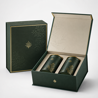 Boîte cadeau rigide en carton vert foncé de 2 mm, forme livre, papier similicuir 120 g/m², gaufrage feuille d'or, doublure en suède, boîte à thé
