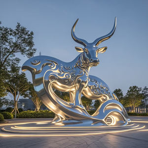نحت بقر كبير من الفولاذ المقاوم للصدأ في الهواء الطلق ، تصميم عصري ، حديقة دائمة ، منظر طبيعي ، زينة فنية - Product Image 6