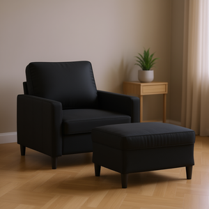 Black Sofa Chair with <b>Footstool</b> Living Room Modern Fabric Leisure Chair Contemporary Design Wood <b>Legs</b> Home Furniture - Product Image 2