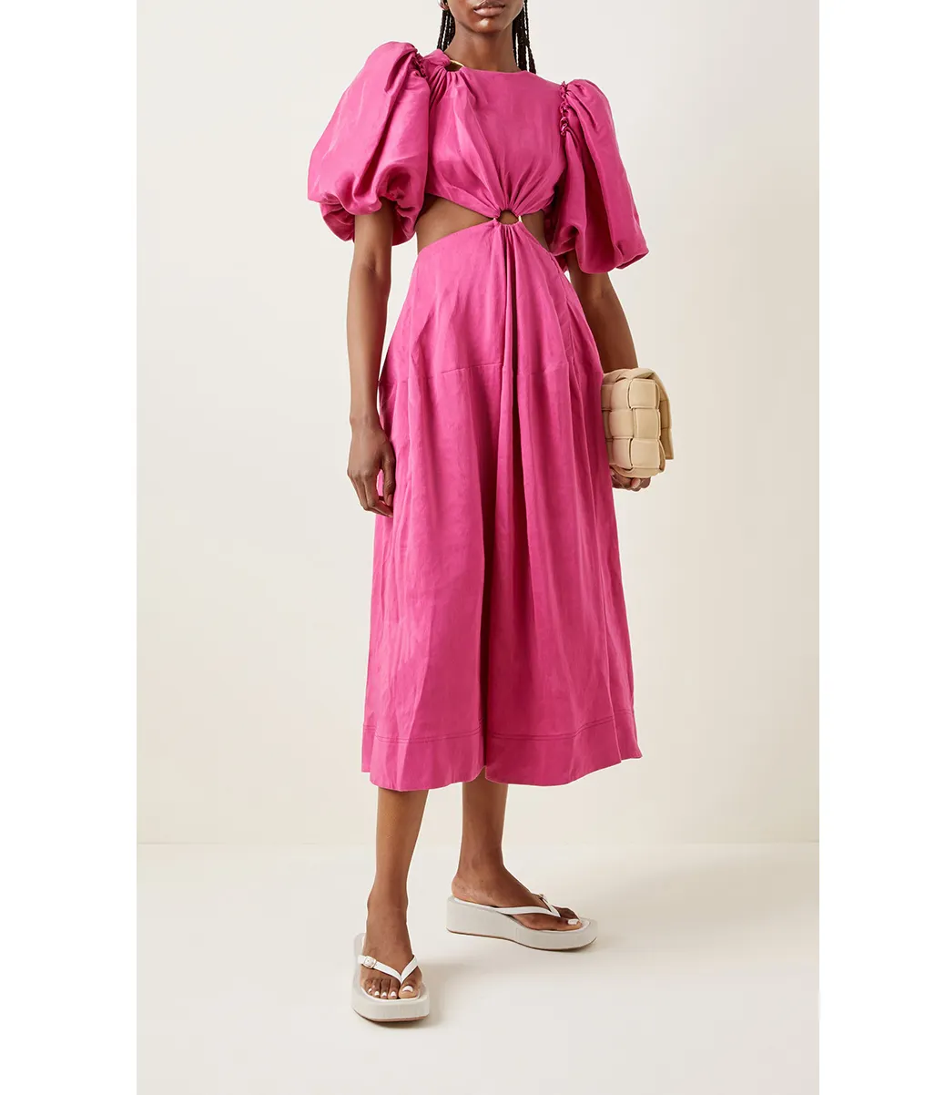 Bettergirl Customize Linen Blend 2022 Summer New Twist Cut Out Casual Loose O Neck Dress Pink Linen Maxi Long Womens Dresses