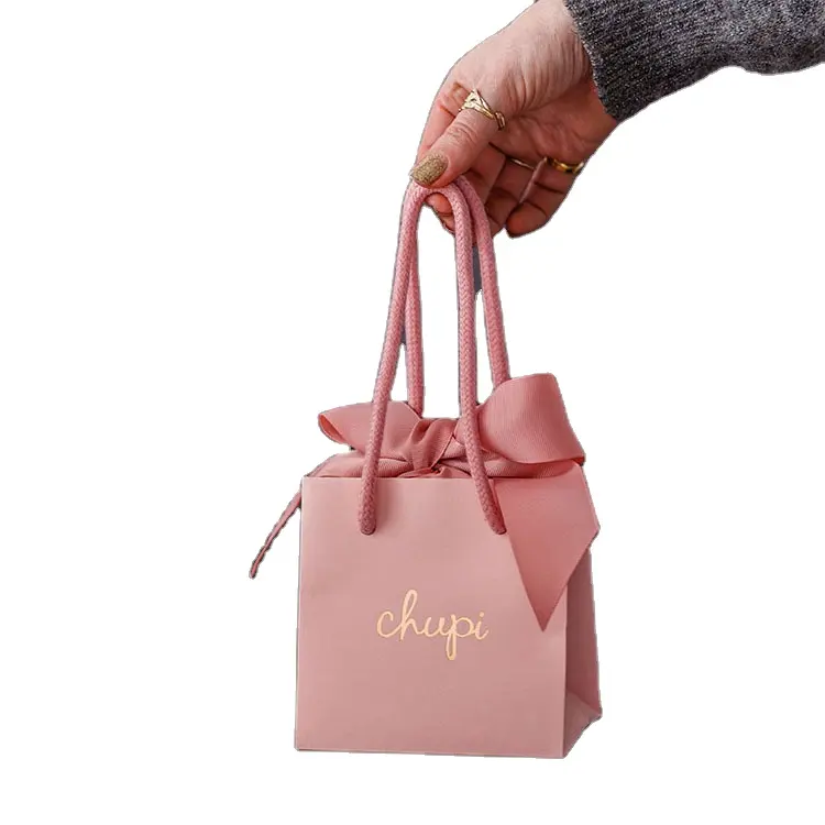 Personalizado al por mayor logotipo de la marca impresa Mini regalo bolsas de paquete de compras con asas de cinta para el regalo de compras de joyería