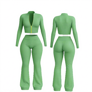 Ensemble de survêtement vert uni pour femme, veste courte zippée à col montant et pantalon évasé, tenue de sport sans couture 2 pièces - Product Image 5