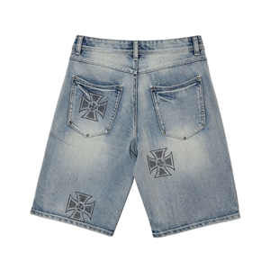 Vintage Faded Light Wash Distressed Cross Embroidered Loose Knee Length Denim Shorts <b>Rip</b> Patch Wide Leg <b>Jean</b> Cutoffs for <b>Men</b> - Product Image 4
