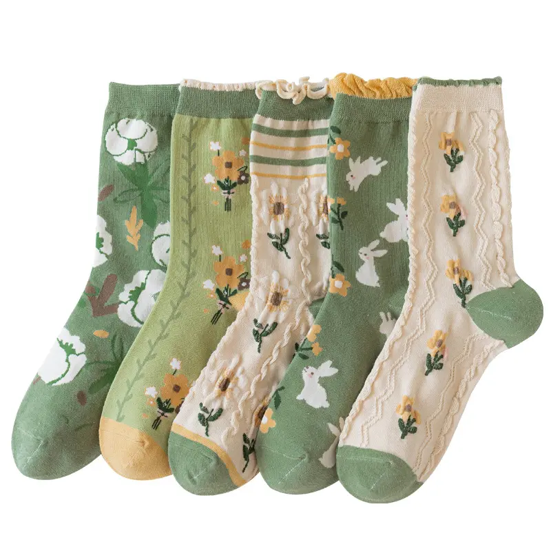 European American Style Spring Summer Trendy Women's Socks Thin Mid Tube Socks Flowers Sheer Socks