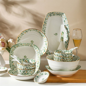 Phong cách hiện đại Màu Xanh Lá Cây bắn mô hình decal gốm Bát và tấm sứ đồ ăn <span class=keywords><strong>Set</strong></span> với màu vàng hoặc màu xanh lá cây rim - Product Image 3