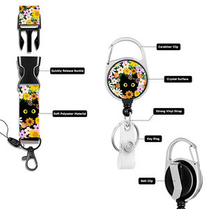 Wholesale <b>Spring</b> Colorful Flower Black Cat ID Badge <b>Clip</b> with Lanyard, Retractable Roller, Easy-Pull Buckle Card Holder Set - Product Image 5