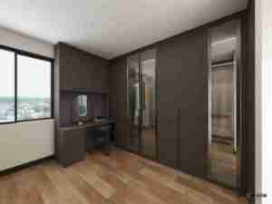 Armoires modernes minimalistes avec porte en verre, éclairage LED, <span class=keywords><strong>dressing</strong></span>, placard en bois foncé avec coiffeuse et miroir rond - Product Image 2