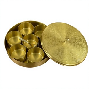 Durable Embossed Gold Brass <b>Masala</b> <b>Box</b> With 6 Storage Cups And Lid For Herbs Spices Kitchen Organizer Container - Product Image 1