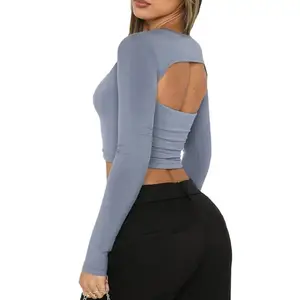 Custom Women's Long Sleeve Crop Top T-Shirt Low Cut with Cutout and Hollow Open Back Short Length Knitted Blouse