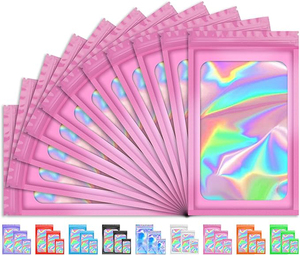 Bolsa con cierre hermético plano holográfico Rosa personalizable bolsas de plástico con calor de arcoíris impermeables para embalaje de alimentos recerrables - Product Image 2