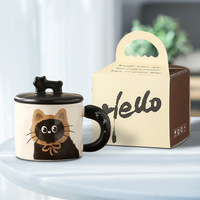 Tasse à café en céramique motif chat mignon avec couvercle et cuillères – Idéal pour les cadeaux – Nouveauté promotionnelle