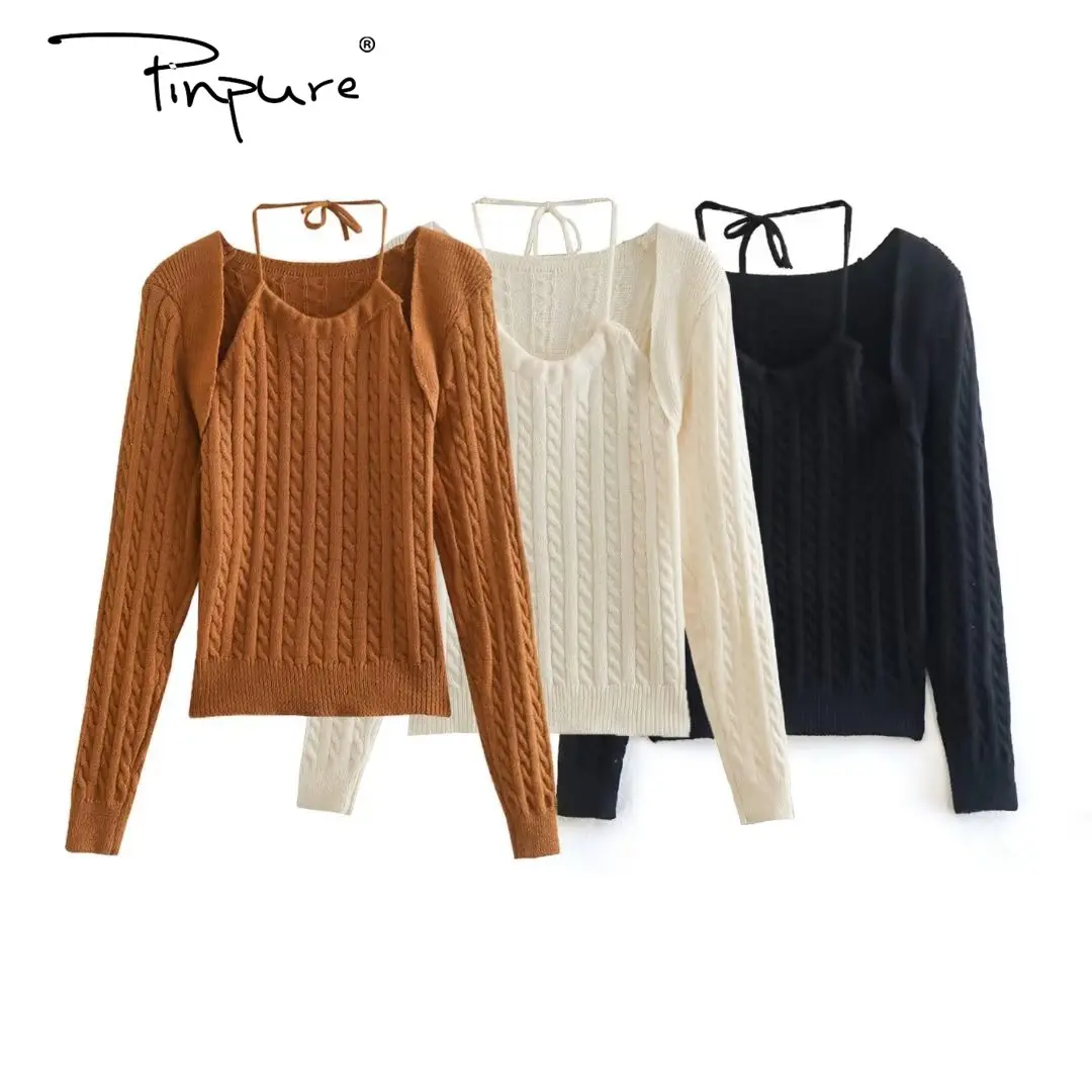 R41857S new arrival knitted pure color plain long sleeve strap women blouses