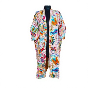 New Arrival Women's Long Quilted Jacket Breathable Floral Printed Handmade Kantha 100% Organic Cotton Three Quarter Sleeve - Product Image 1