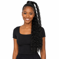Queue de cheval bouclée en laine de 24 pouces, 110g, avec bande magique, extension de cheveux synthétiques en fibre haute température, noir, pour femmes, aspect naturel, vente en gros