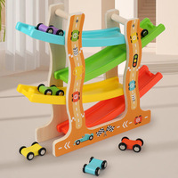 Juguete Educativo de Madera para Niños Unisex, Vehículo con Escalera de Cuatro Niveles, Coche Deslizante, Pista de Carreras Colorida, para Niños de 5 a 7 Años