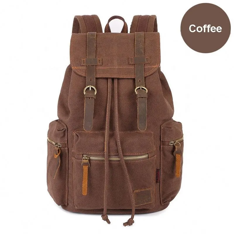 Outdoor Casual Drawstring Brown 30L Canvas Backpack Laptop Rucksack