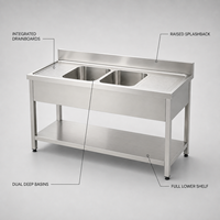 Évier double en acier inoxydable 304 pour cuisine professionnelle, revêtement autonettoyant, finition brossée mate, égouttoir coulissant simple