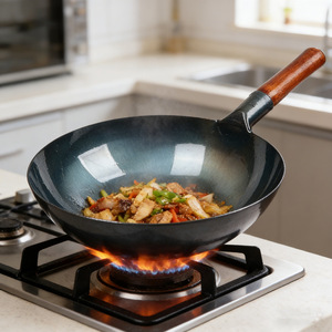 Round Bottom Wok Non-Stick For Gas <b>Stoves</b> Home Use With Wooden Handle - Product Image 4
