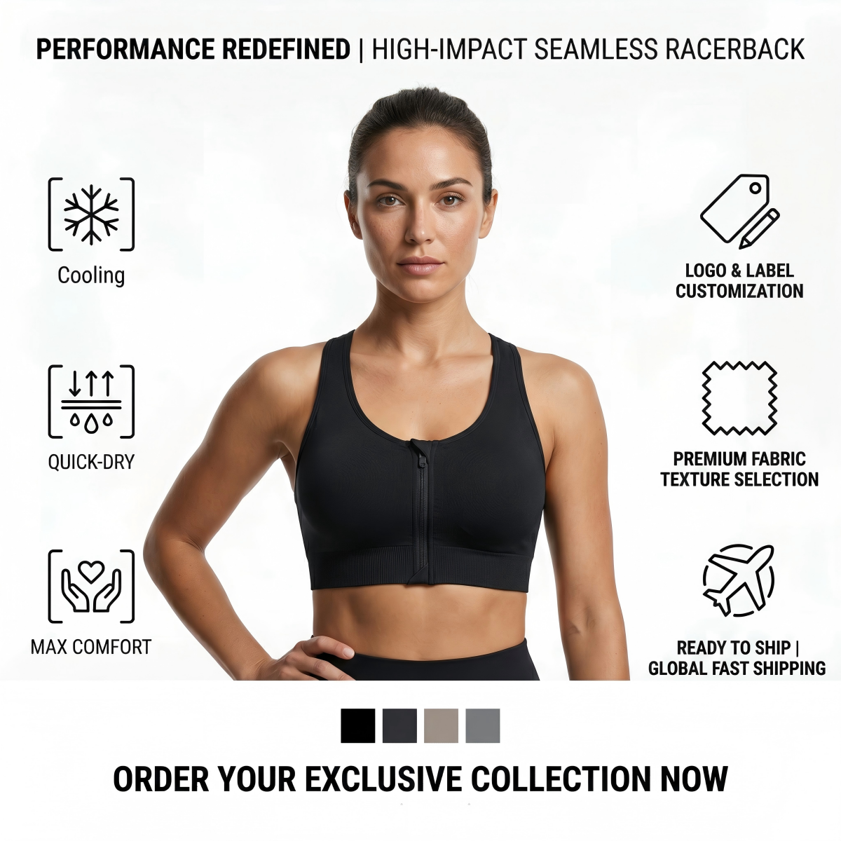 Women Sports Bra Front Zipper Racerback Wireless Padded Medium Support Solid Color Yoga Fitness Gym Wholesale OEM ODM