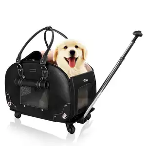 Airline Goedgekeurd Reizen Wandelen Opvouwbare Waterdichte Premium Leather Huisdier Reistas Kat Hond Carrier Met Wielen