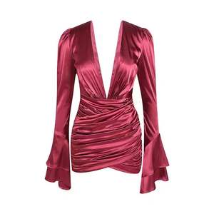 LS2363 nuovo arrivo abiti estivi festa moda donna profondo scollo a V manica lunga <span class=keywords><strong>Mini</strong></span> <span class=keywords><strong>abito</strong></span> di <span class=keywords><strong>raso</strong></span> - Product Image 3