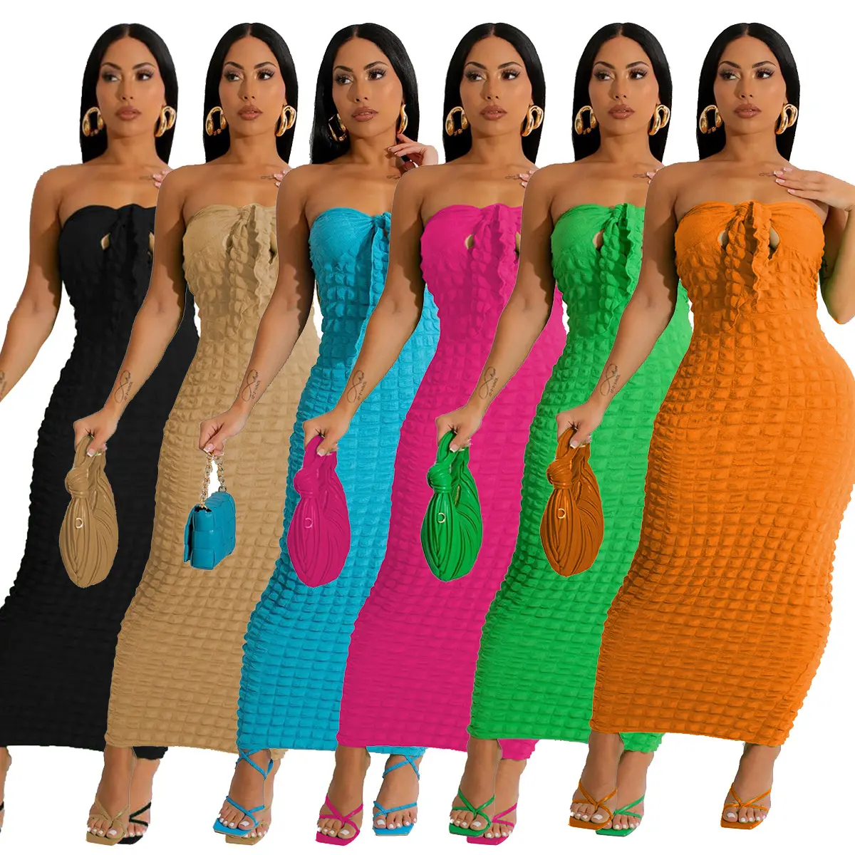 Hot Sale Solid Color Summer Bodycon Bubble Fabric Dress Elegant Women Tight Fitted Sexy Sleeveless Causal Maxi Dress Ladies