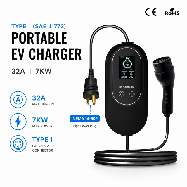 7kw 16a Type1 Evse Level 2 Portable Ev Charger Ac Mode 2 Portable Ev Charger with Screen Level2 Ev Charger Type1