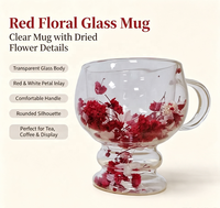 Mug en verre borosilicate à double paroi avec poignée intégrée, fleurs séchées de gypsophile rouges préservées, compatible lave-vaisselle, 160 ml, esthétique