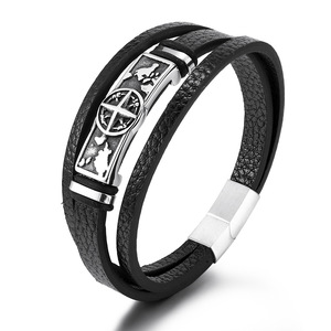 Bracelet en cuir multi-couches gravé sur mesure pour homme, bracelet en acier titane avec carte du monde <span class=keywords><strong>vintage</strong></span>, fermoir magnétique - Product Image 1