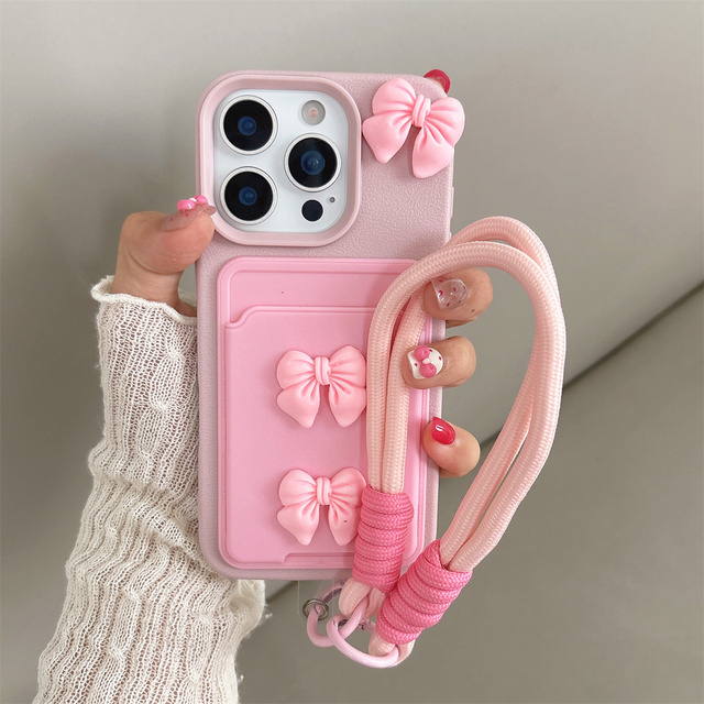 Trendy 3D DIY Bow With Chain Card Holder Phone Cases Women Shell Back Cover for iphone 16 Plus 15 17 Air 18 Pro Max